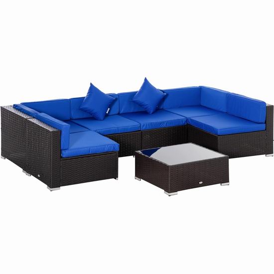 白菜价！历史新低！Outsunny 庭院软垫藤条沙发+茶几7件套3.2折 457.99加元包邮！