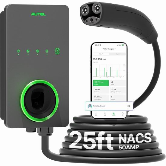  历史新低！Autel 50安培 二级家用智能AI电动汽车充器/充电桩5折 409.5加元包邮！