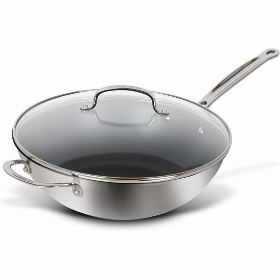 白菜价!历史新低!Cuisinart 美康雅 12英寸不锈钢 20倍超耐用不粘底 连盖中式深炒锅2.6折 39.99加元包邮!可用金属锅铲!