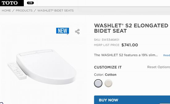 历史新低!TOTO WASHLET S2 SW3346#01 长型 全自动智能马桶盖5.7折 585.57加元包邮!