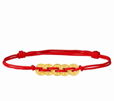 Satin Finish 24K金五帝钱红绳手链 699加元