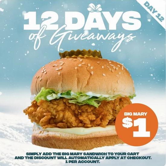 冲鸭!Mary Brown's今日闪购:经典炸鸡堡仅需1加元!限老会员!