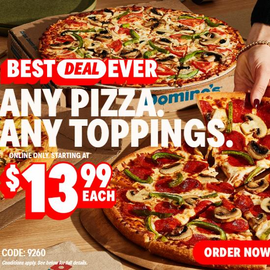 Dominos Pizza 达美乐披萨，任意披萨任意配料仅需$13.99！