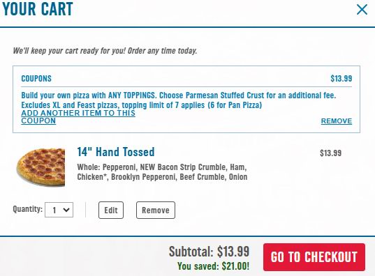 Dominos Pizza 达美乐披萨,任意披萨任意配料仅需.99!