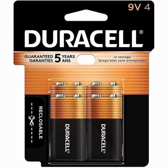  Duracell Coppertop 金霸王 9V碱性电池4件套6.8折 13.63加元！