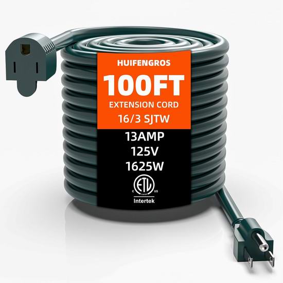  白菜价！历史新低！HuiFengros 100英尺 室内外 防水 电源延长线100英尺2.6折 20.69加元！