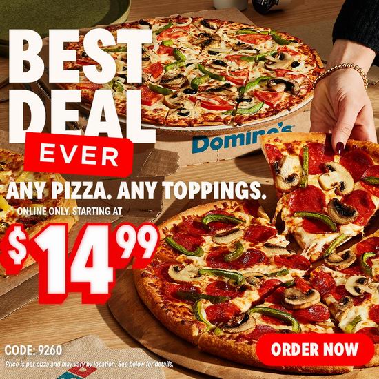 Dominos Pizza 达美乐披萨，任意披萨任意配料仅需$14.99！