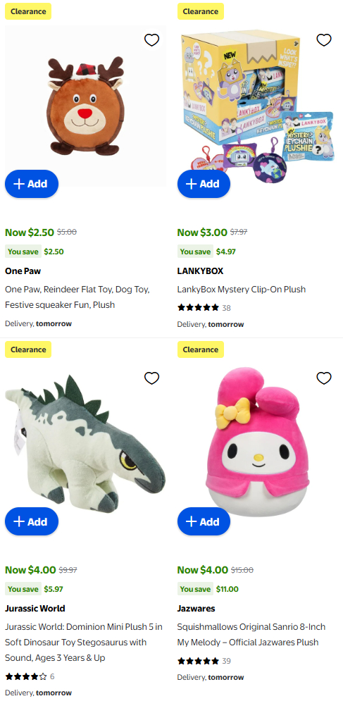 白菜价！精选 Jazwares、PAW Patrol 等品牌毛绒玩偶3折起清仓，低至2.5加元！