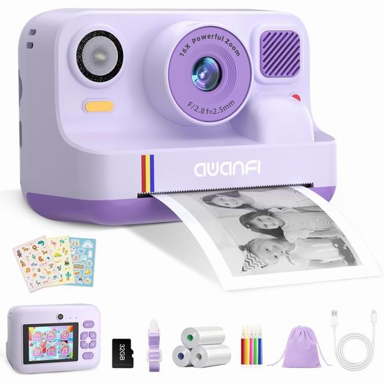  历史新低！AWANFI 4800万像素 即时打印 儿童拍立得数码相机6.5折 38.99加元包邮！