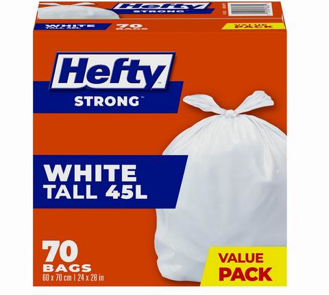 Hefty 45升白色加厚垃圾袋70个超值装 11.37加元(原价 14.99加元)