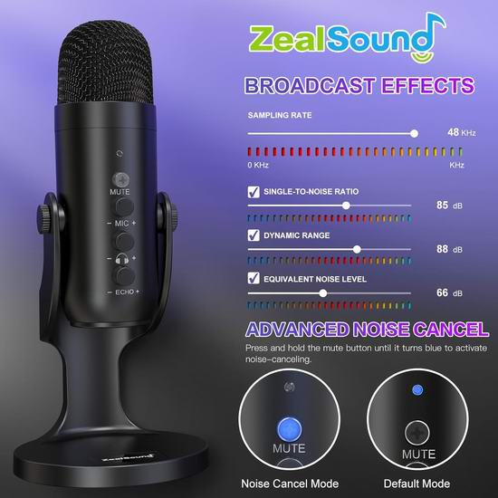 疑似Bug白菜价!ZealSound K66 手机电脑 录音棚级降噪麦克风 39.19加元包邮!送价值39.99加元RGB灯效降噪电容麦克风!