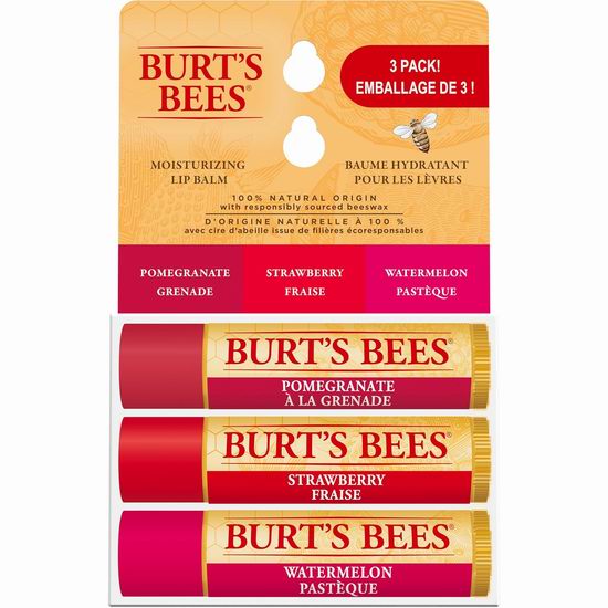  Burt's Bees 小蜜蜂 草莓味 100%天然保湿润唇膏3件套 9.4加元！