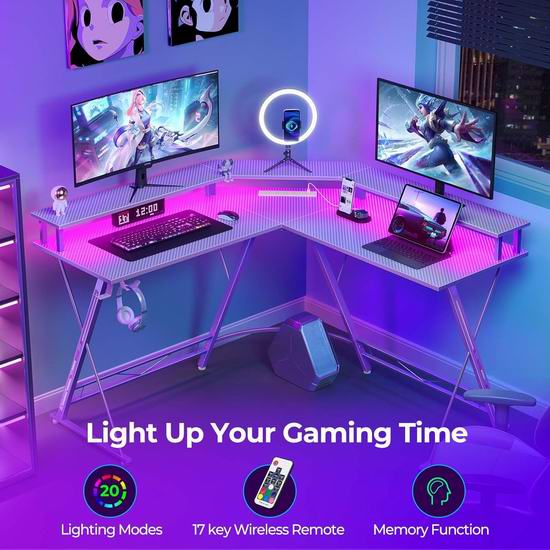  历史新低！SEVEN WARRIOR 50.4英寸 梦幻紫色 带插线板+智能LED灯 L型电脑桌4.7折 79.99加元包邮！