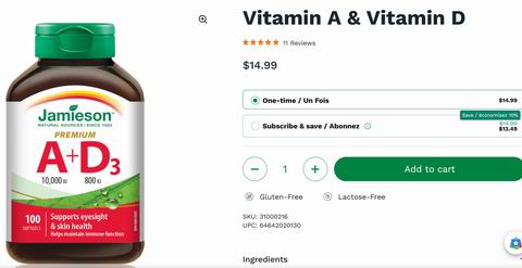 Jamieson 高级维生素A 10000 IU + 维生素D 800 IU 100粒软胶囊 9.95加元(官网原价 14.99加元)