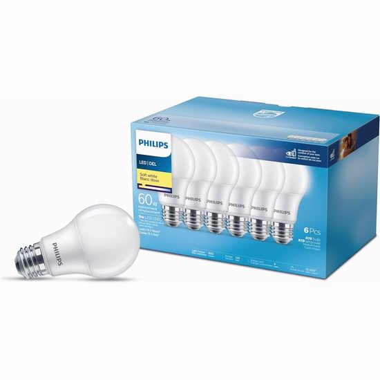  白菜价！历史新低！Philips 飞利浦 60瓦等效 柔白光LED节能灯6件套3.5折 13.37加元！