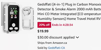 Bug价!历史新低!Gedsffati 四合一 烟雾+一氧化碳+温度湿度 报警器4折 19.99加元限量特卖并包邮!