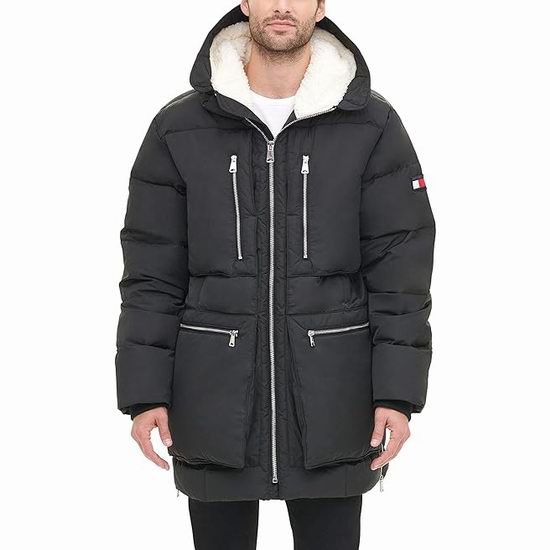 超级白菜！历史新低！Tommy Hilfiger 男士黑色加厚绗缝仿羊羔绒连帽派克大衣（XL码）1.8折 43.56加元包邮！