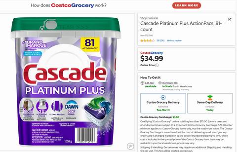 Cascade Platinum Plus 清新香型 洗碗凝珠(63粒)6.3折 18.99加元!比Costco便宜8.22加元!