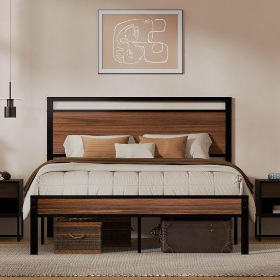  历史新低！Z-hom 复古木纹金属Queen床架5.9折 129.99加元包邮！2色可选！