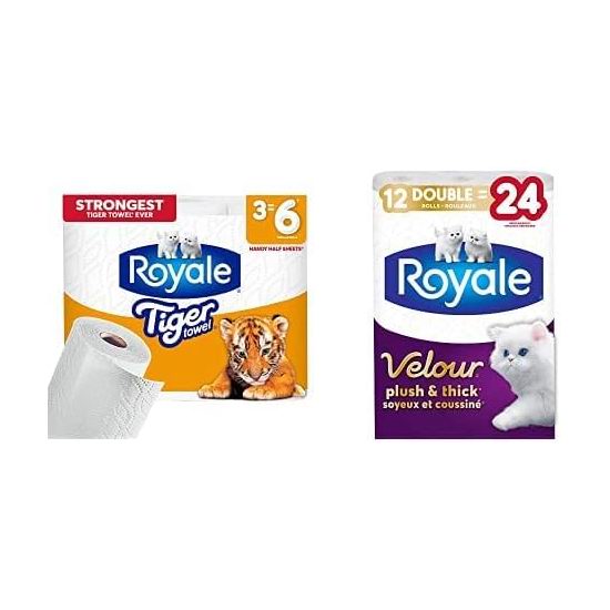  Royale Velour 双层卫生纸12卷装+Royale Tiger 强力厨房纸3卷装 13.96加元（原价 19.48加元）