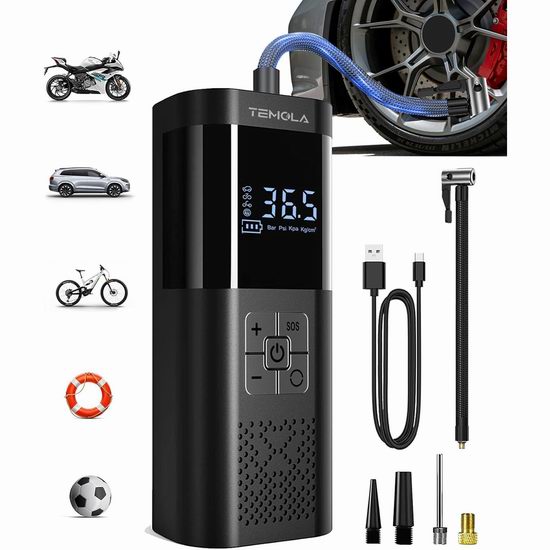  历史新低！TEMOLA 150PSI 无绳便携式轮胎充气泵5折 22.99加元包邮！