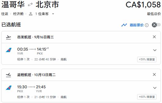 多伦多油价创新高!南航8.5折涨价在即!温哥华直飞往返中国58、多伦多直飞往返60!