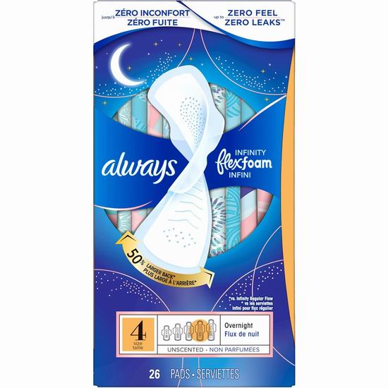  历史新低！Always Infinity FlexFoam 护翼夜用卫生巾26片装5.3折 6.67加元！