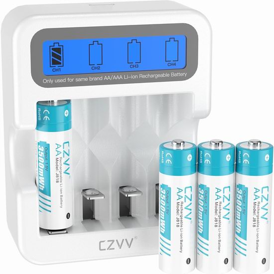  白菜价！历史新低！czvv AA 1.5V 可充电电池4件套+快速充电器套装2.3折 13.68加元！2色可选！