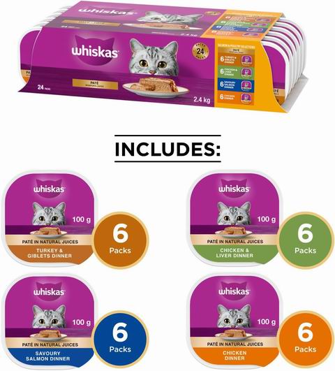  Whiskas 肉酱口味 三文鱼禽肉成猫湿粮100克 ×24盒  23.72加元（原价 32.99加元）